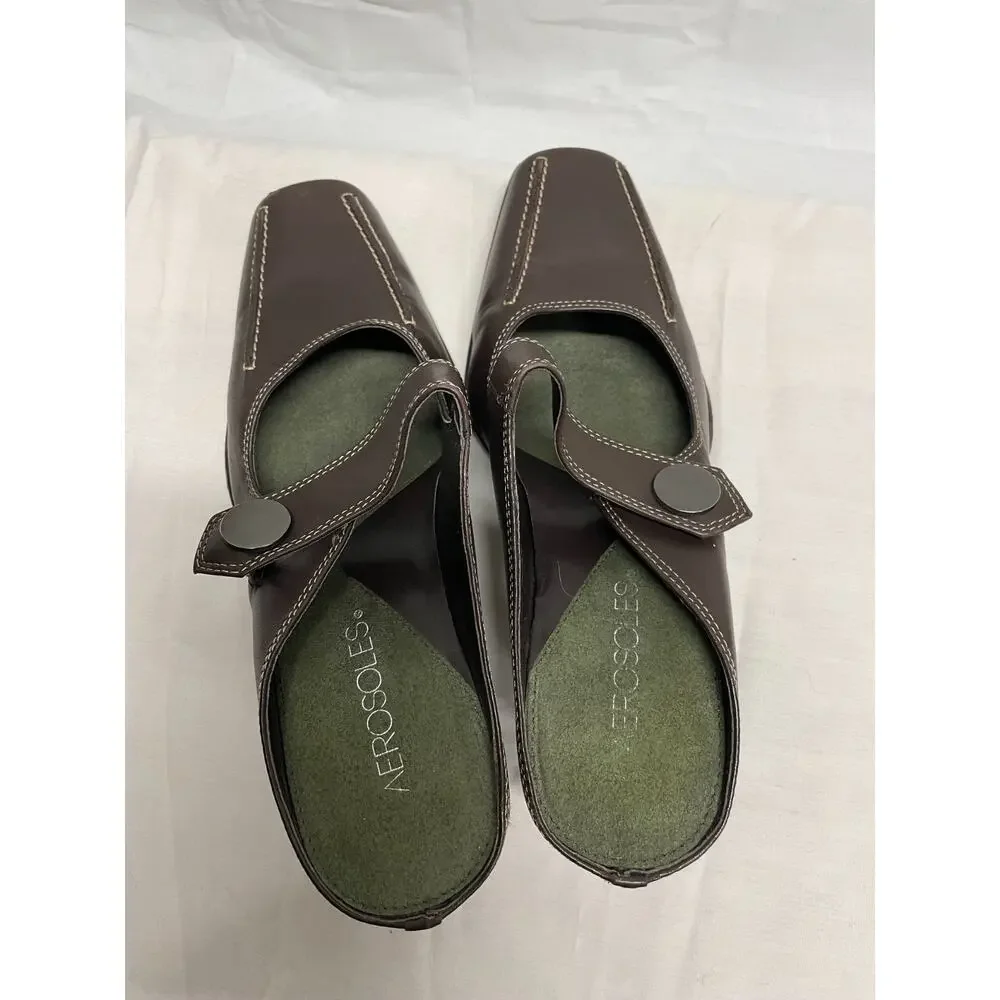 Aerosoles Women's Brown Leather Mules Sugar Snap Shoes Size 7.5 Block Heel